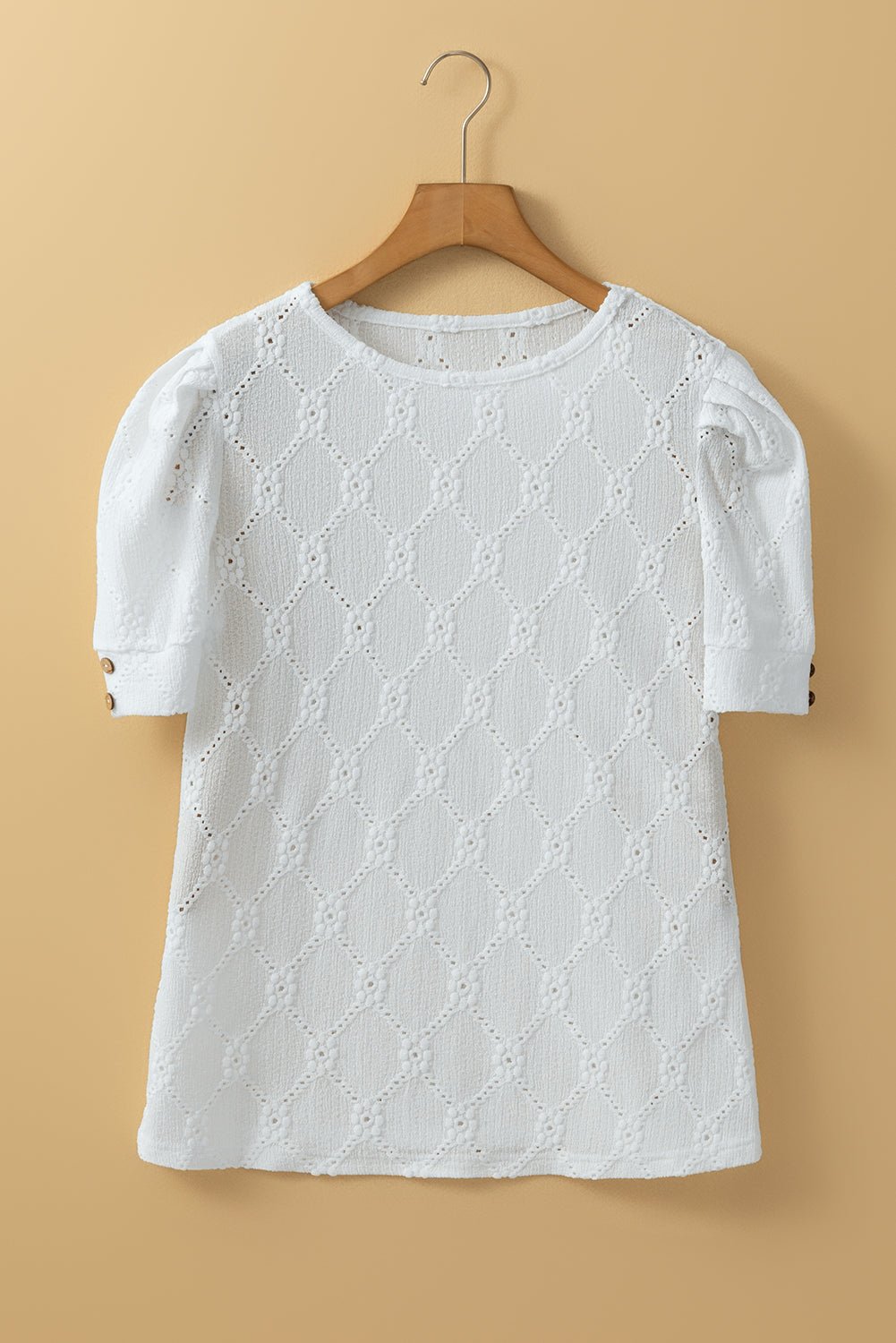 White Embroidered Floral Geometric Button Short Sleeve Top - MAD RUFFI