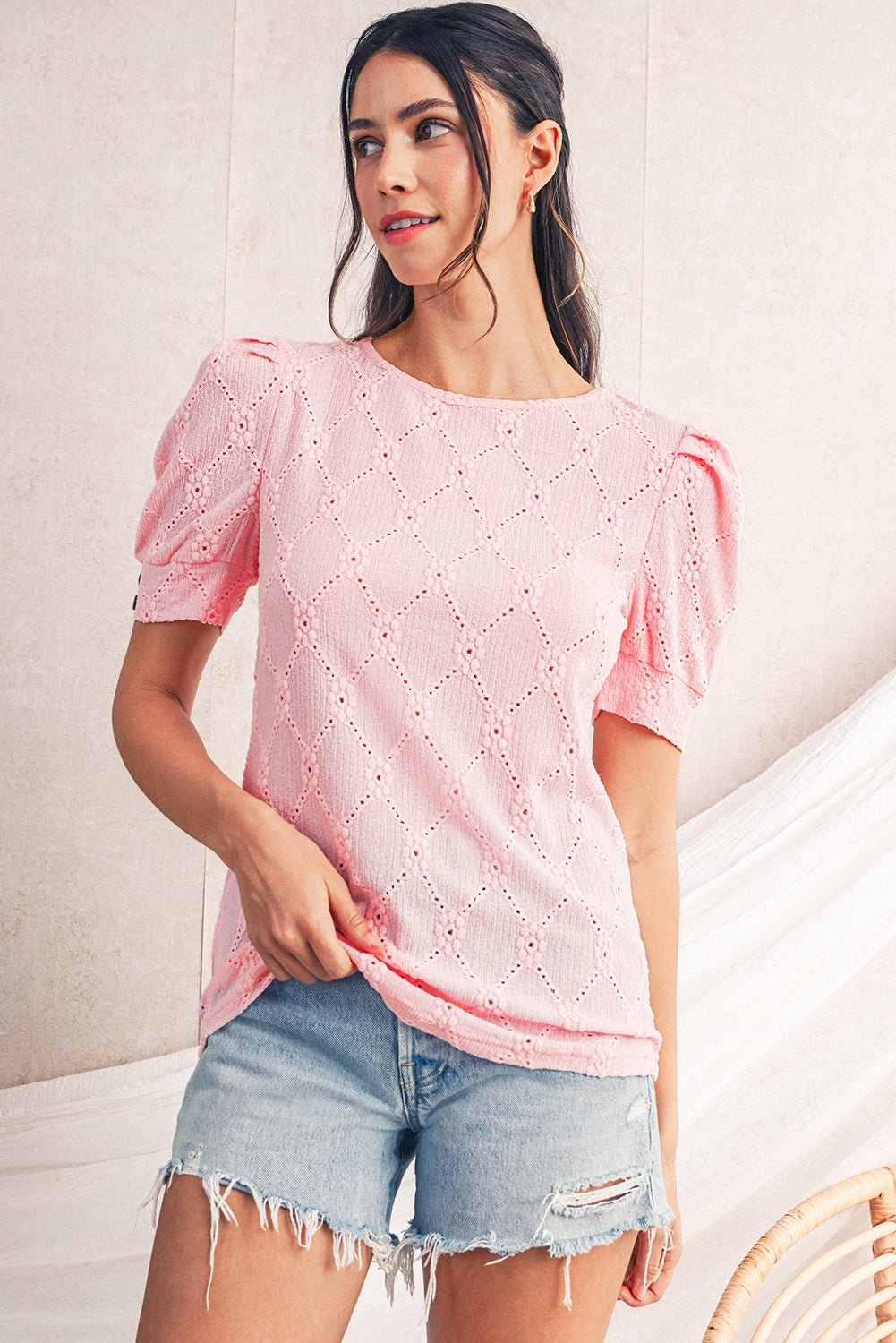 White Embroidered Floral Geometric Button Short Sleeve Top - MAD RUFFI