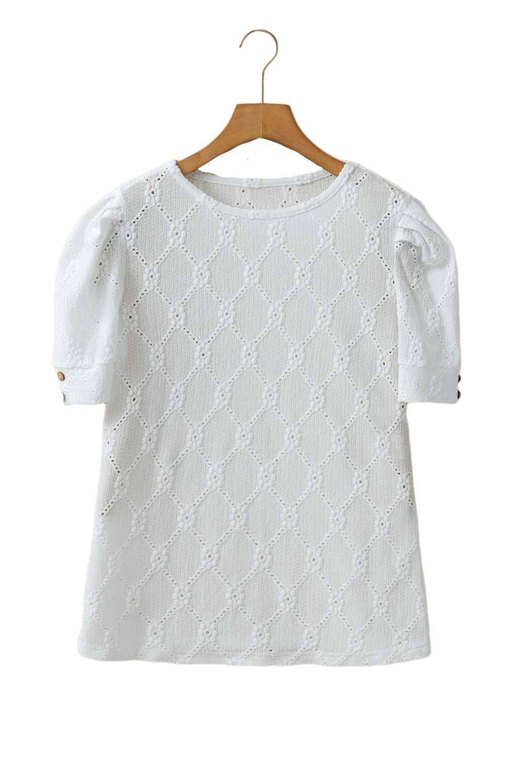 White Embroidered Floral Geometric Button Short Sleeve Top - MAD RUFFI