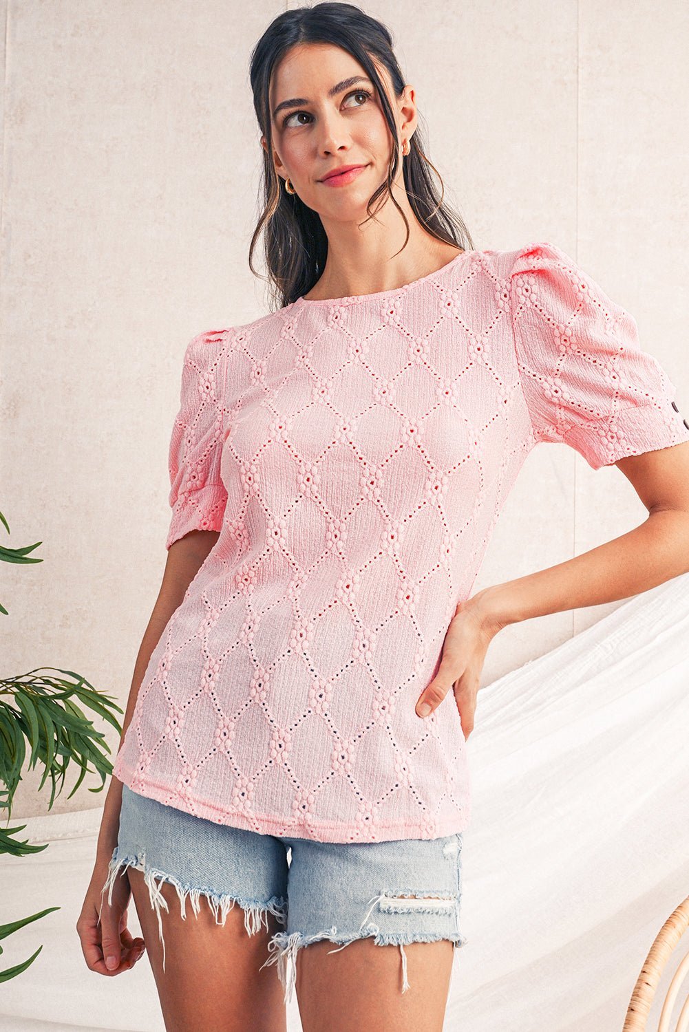 White Embroidered Floral Geometric Button Short Sleeve Top - MAD RUFFI