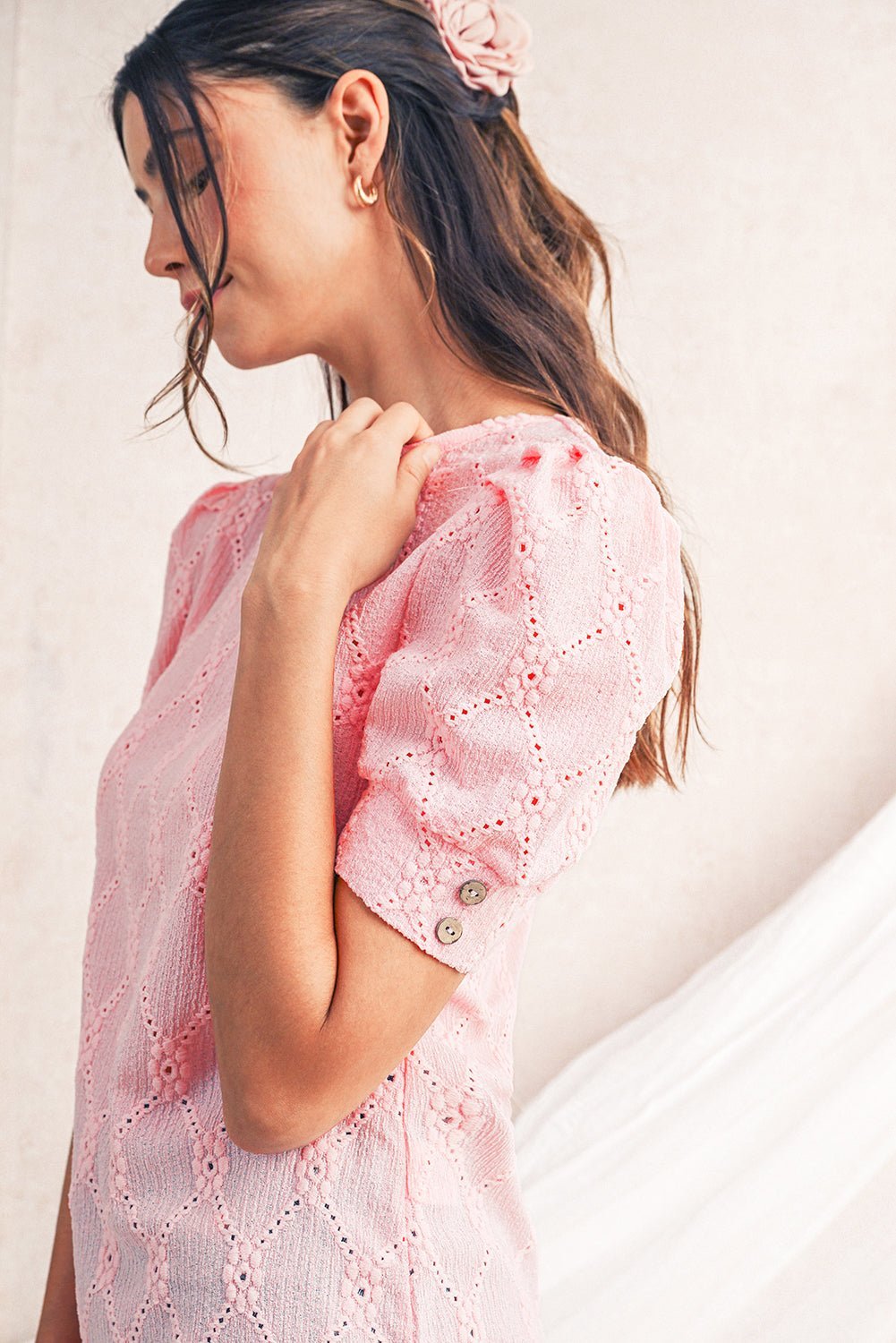 White Embroidered Floral Geometric Button Short Sleeve Top - MAD RUFFI