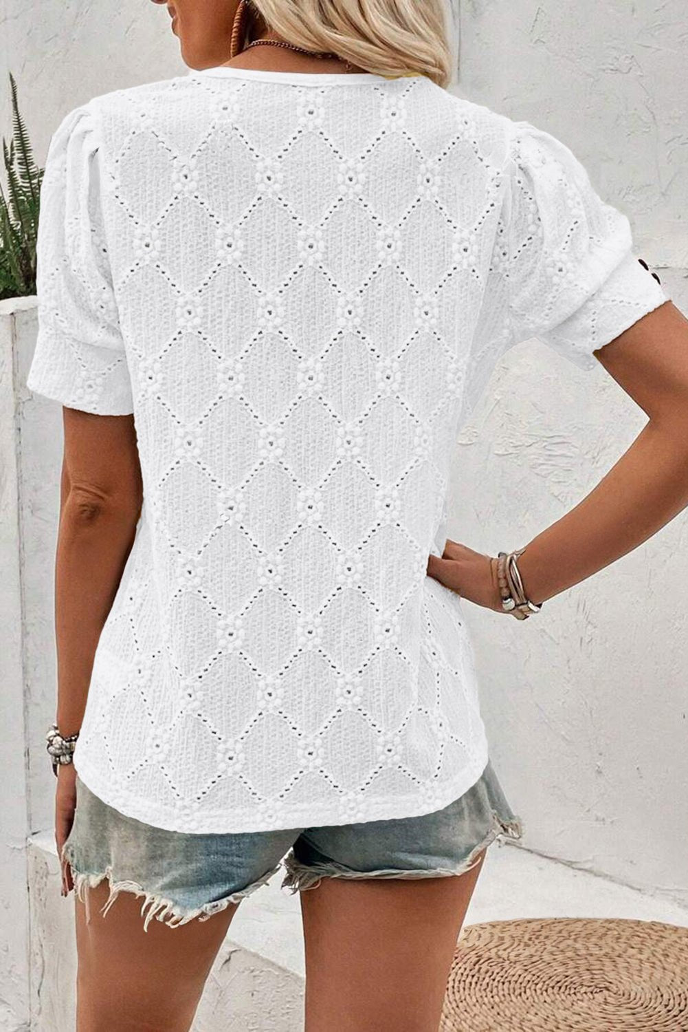 White Embroidered Floral Geometric Button Short Sleeve Top - MAD RUFFI