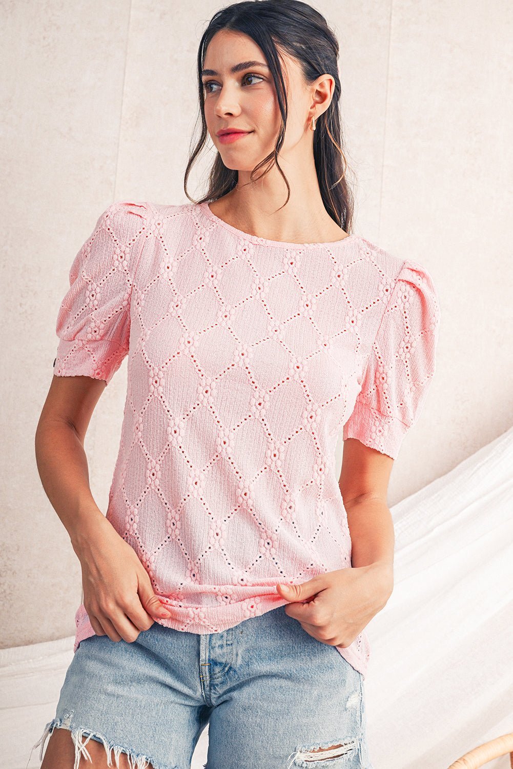 White Embroidered Floral Geometric Button Short Sleeve Top - MAD RUFFI