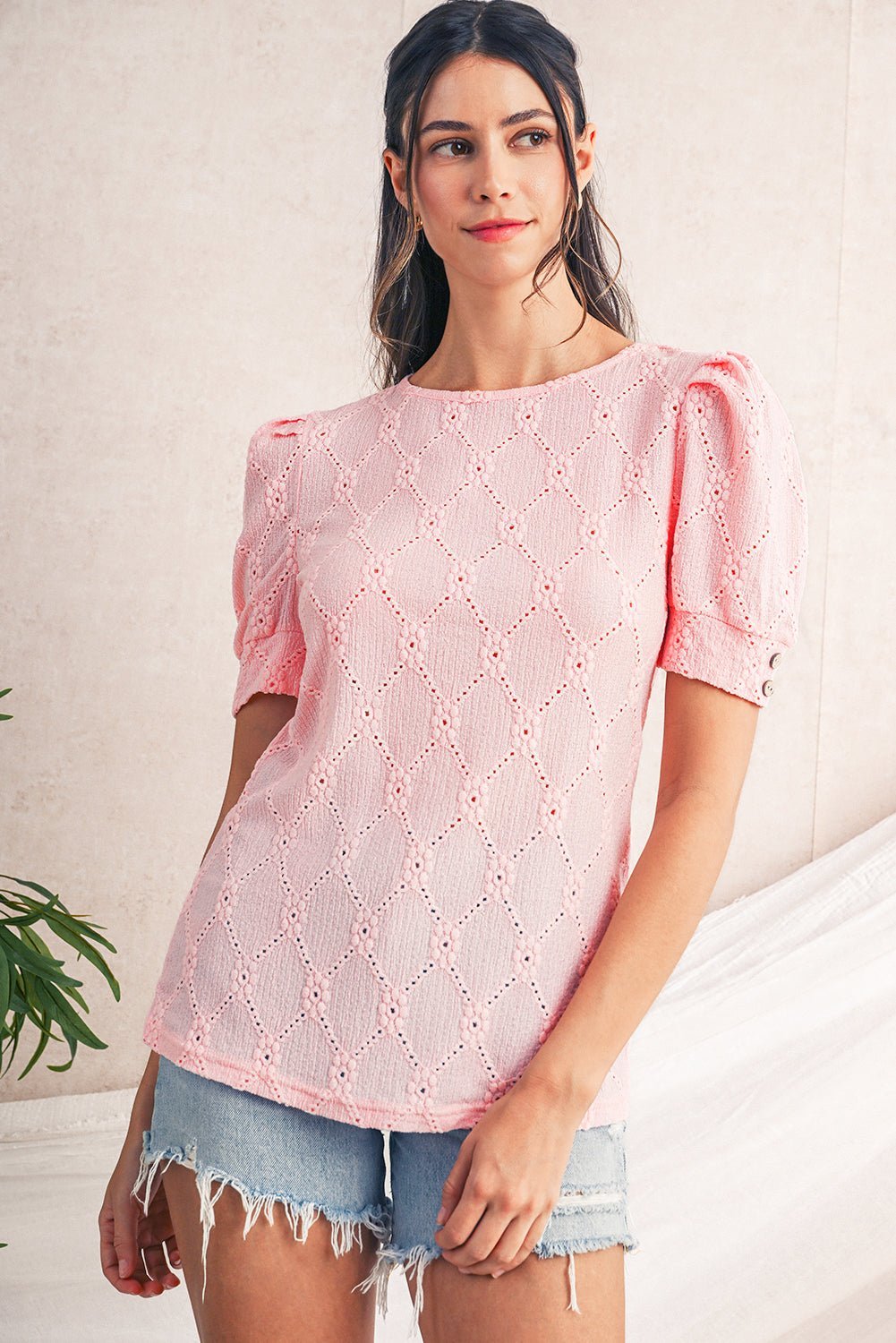 White Embroidered Floral Geometric Button Short Sleeve Top - MAD RUFFI