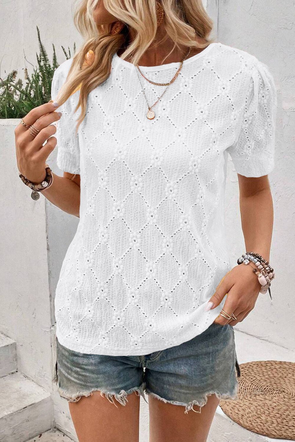 White Embroidered Floral Geometric Button Short Sleeve Top - MAD RUFFI