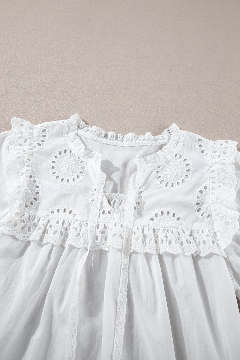White Embroidered Lace Patchwork Tie Neck Half Sleeve Blouse - MAD RUFFI
