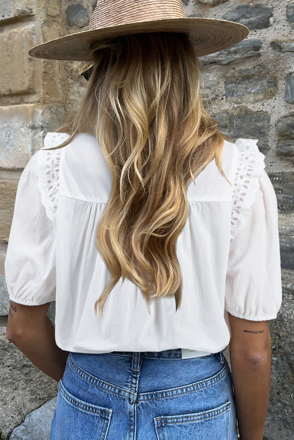 White Embroidered Lace Patchwork Tie Neck Half Sleeve Blouse - MAD RUFFI