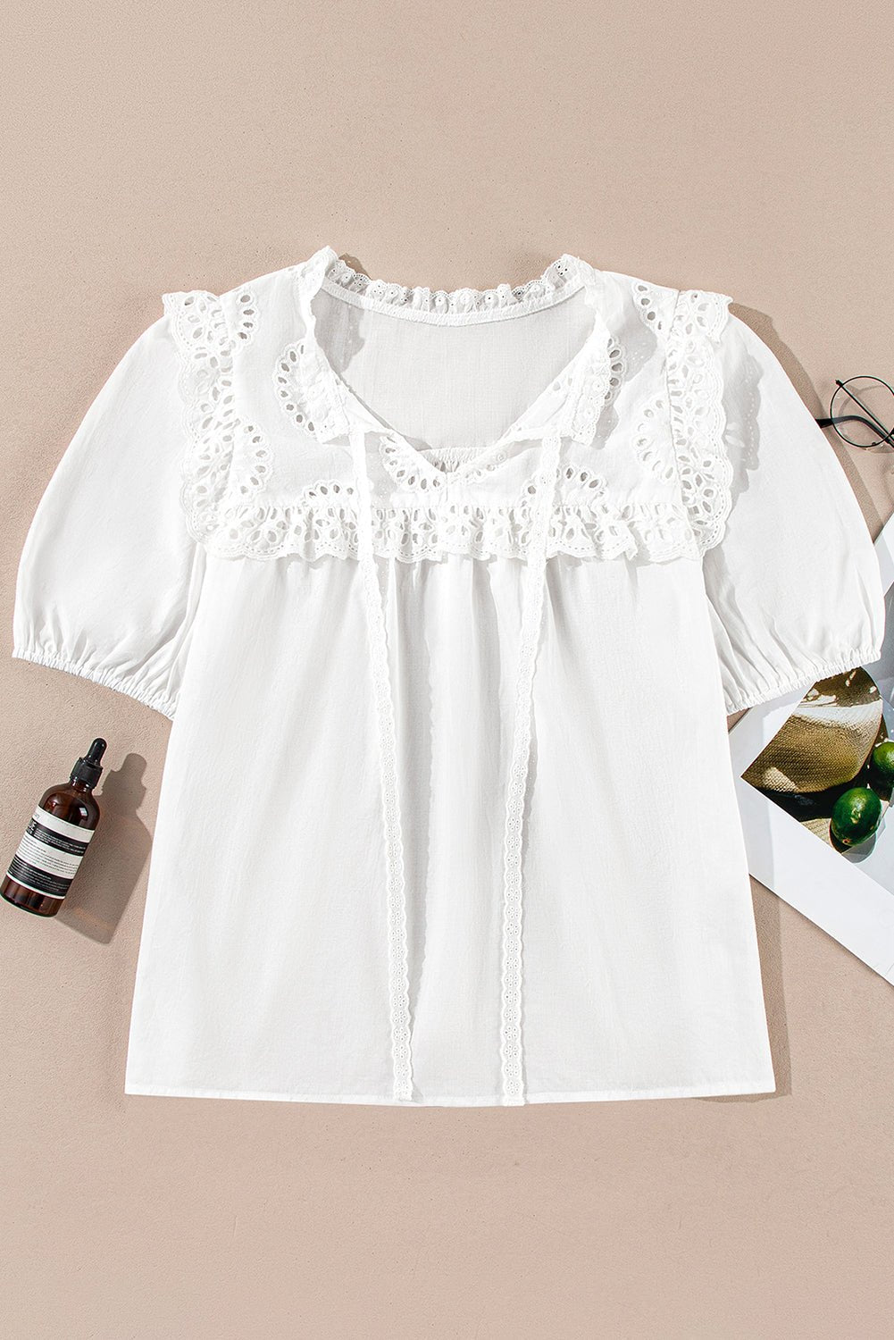 White Embroidered Lace Patchwork Tie Neck Half Sleeve Blouse - MAD RUFFI
