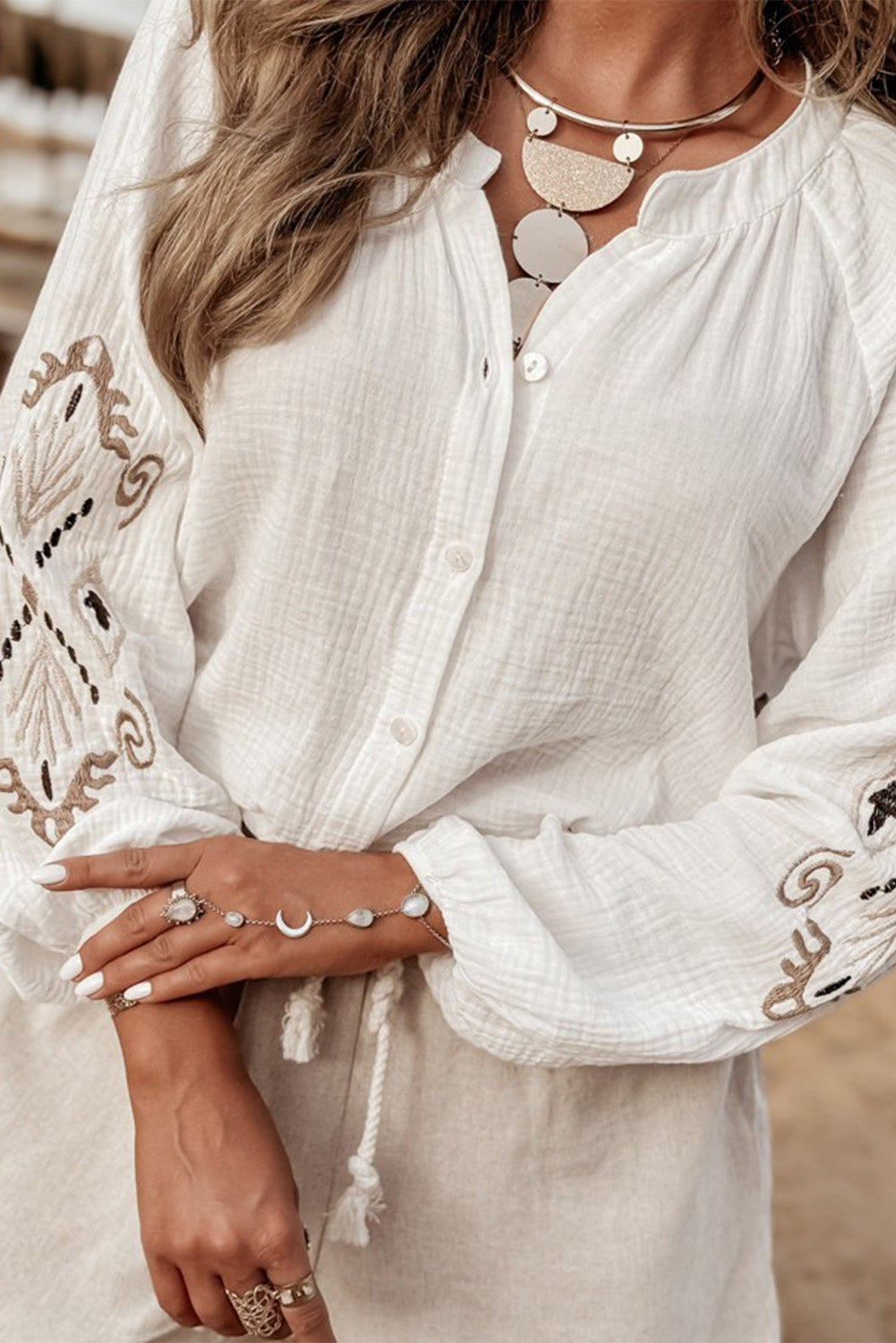 White Embroidered Sleeve Crinkle Boho Shirt - MAD RUFFI