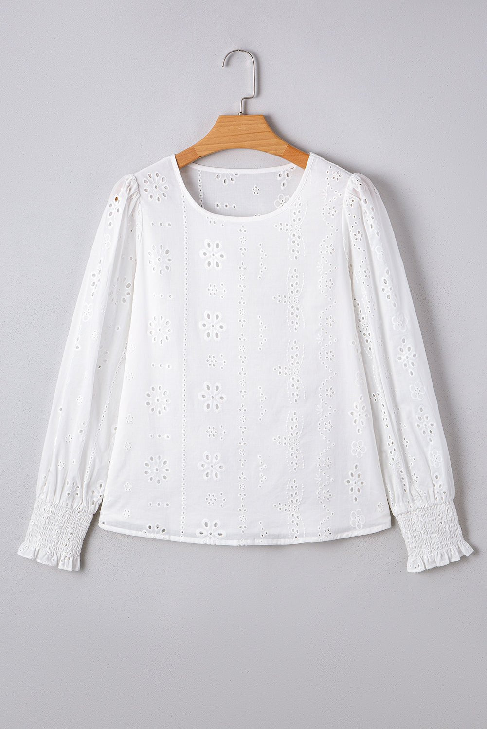 White Eyelet Embroidered Smocked Cuffs Blouse - MAD RUFFI