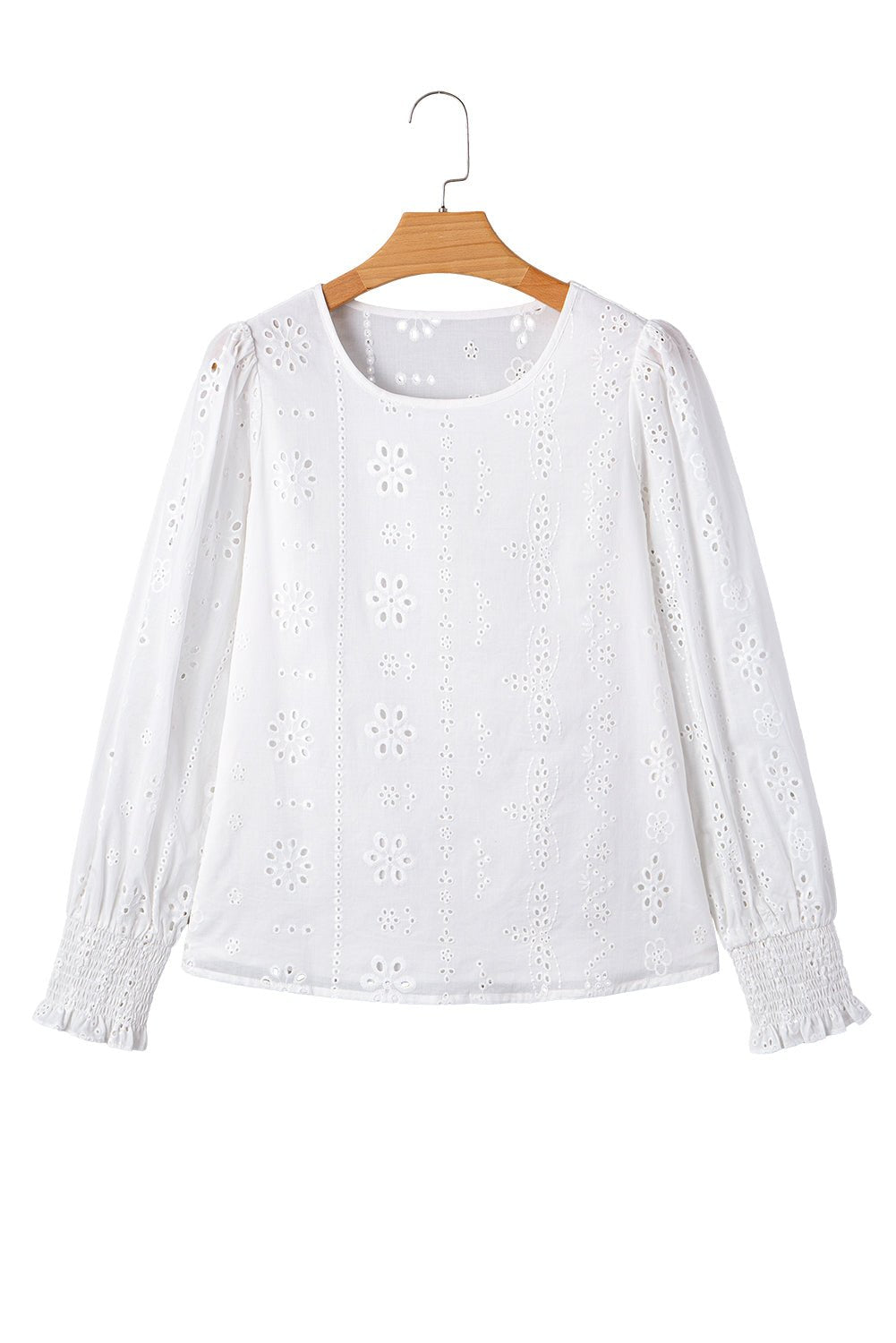 White Eyelet Embroidered Smocked Cuffs Blouse - MAD RUFFI