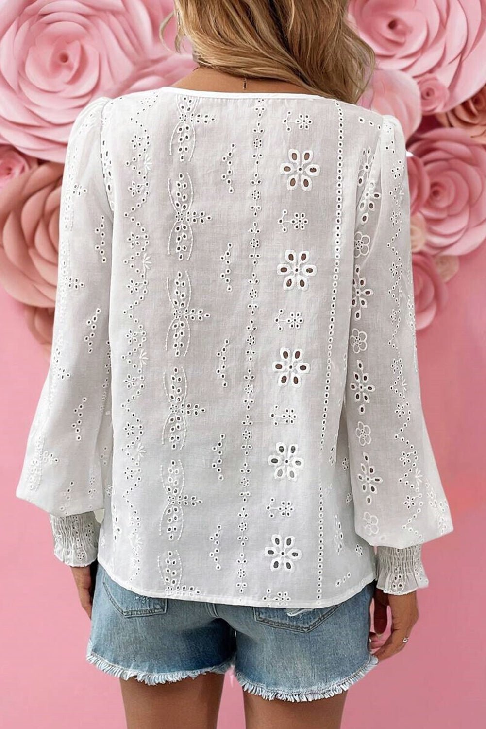 White Eyelet Embroidered Smocked Cuffs Blouse - MAD RUFFI