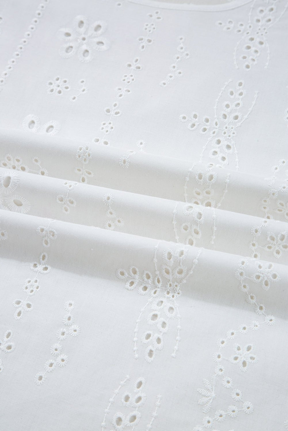 White Eyelet Embroidered Smocked Cuffs Blouse - MAD RUFFI