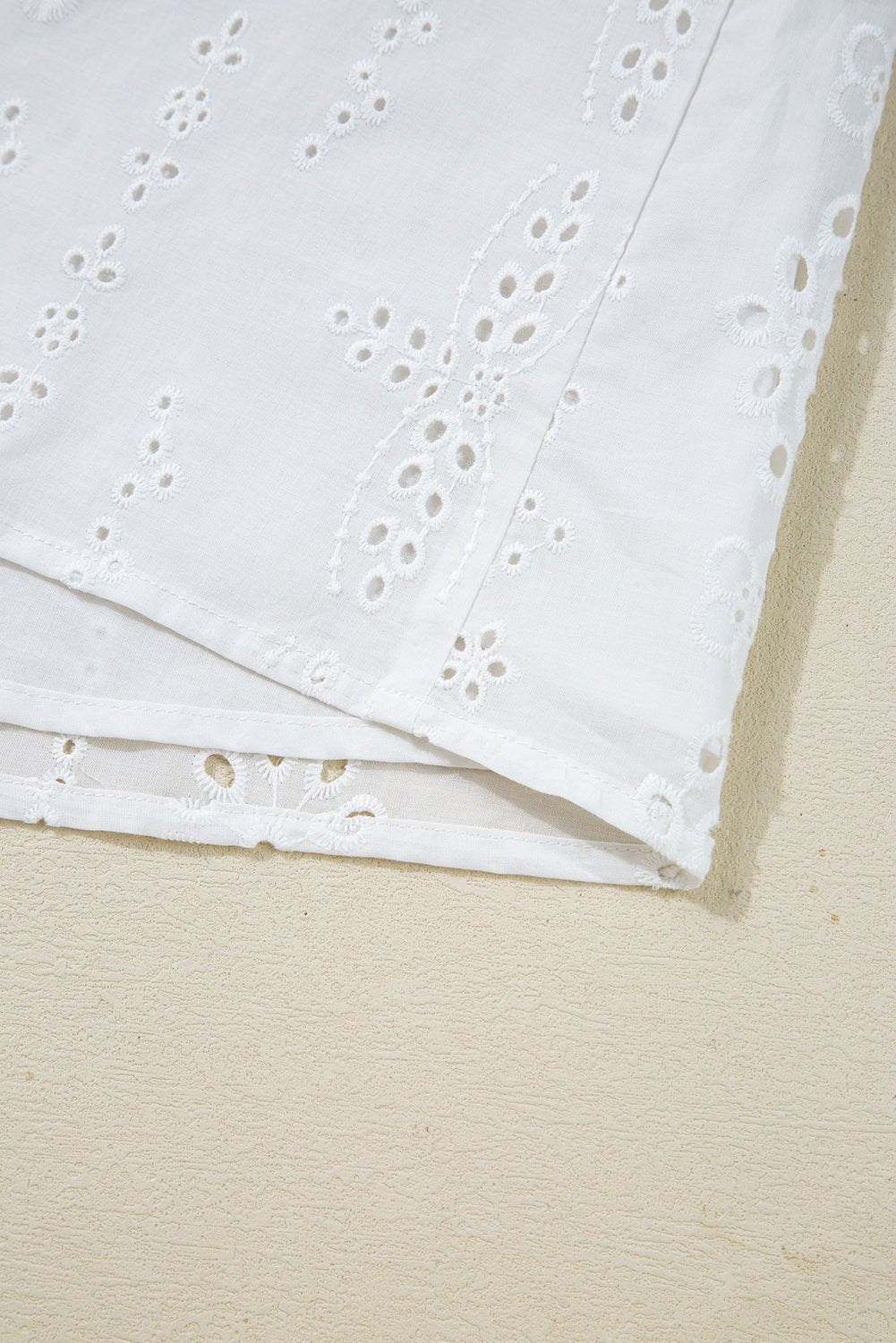 White Eyelet Embroidered Smocked Cuffs Blouse - MAD RUFFI