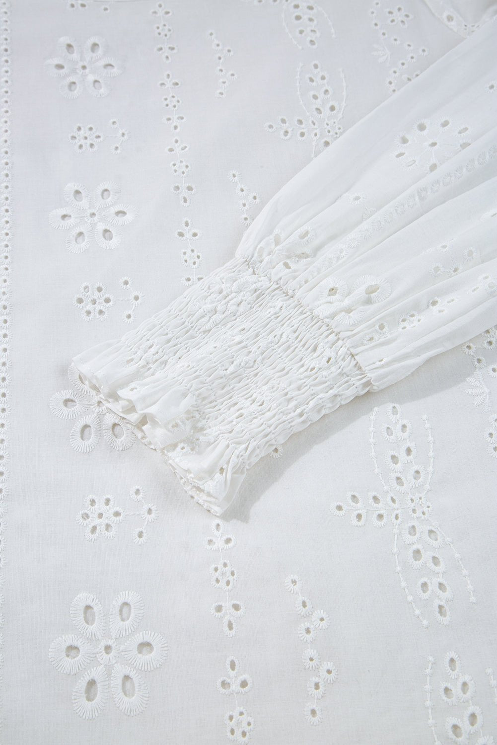 White Eyelet Embroidered Smocked Cuffs Blouse - MAD RUFFI