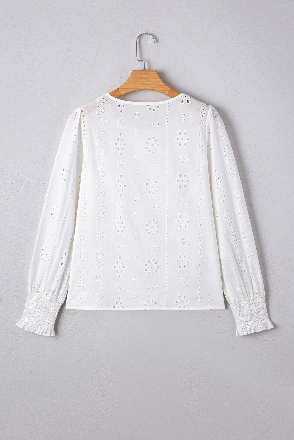 White Eyelet Embroidered Smocked Cuffs Blouse - MAD RUFFI
