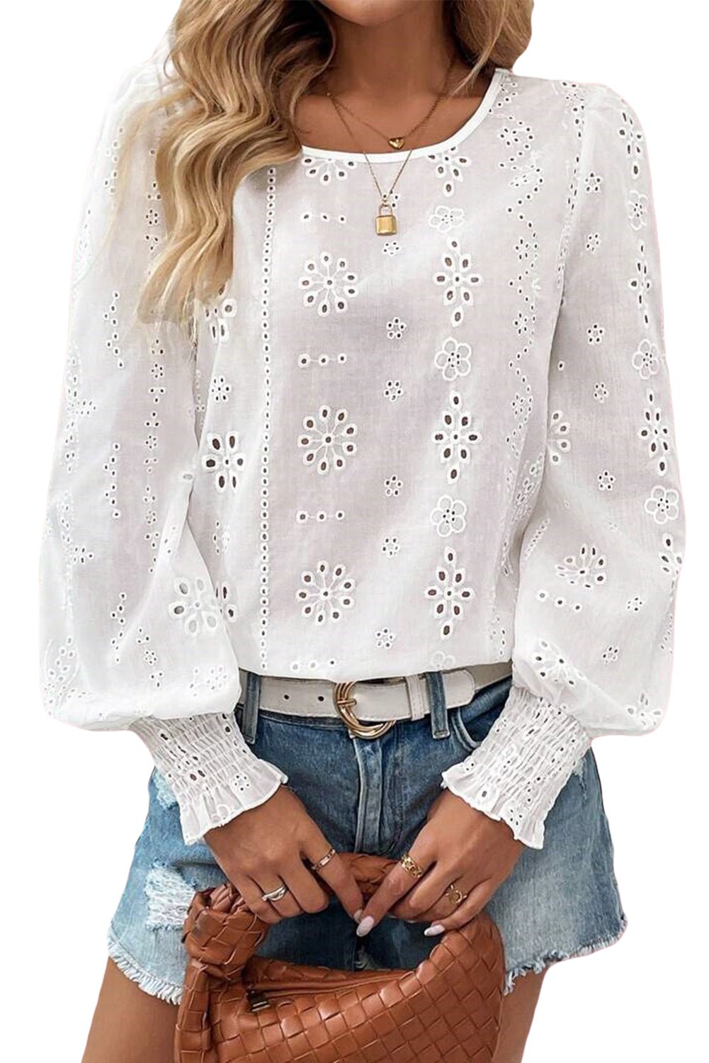White Eyelet Embroidered Smocked Cuffs Blouse - MAD RUFFI