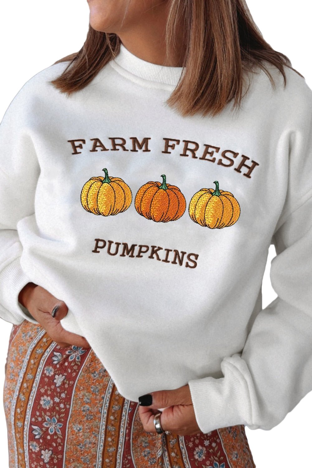 White FARM FRESH PUMPKINS Embroidered Festival Sweatshirt - MAD RUFFI