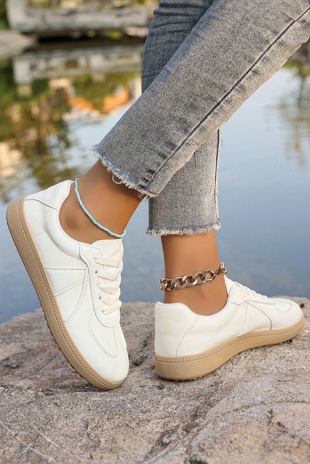 White Faux Leather Lace Up Flat Sneakers - MAD RUFFI