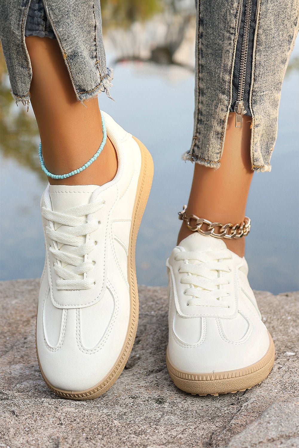 White Faux Leather Lace Up Flat Sneakers - MAD RUFFI