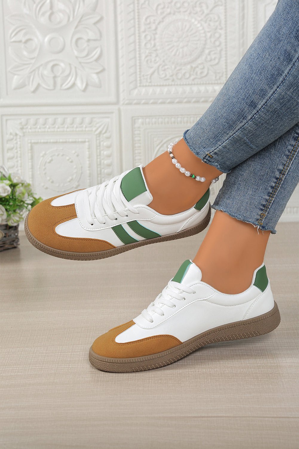White Faux Leather Lace Up Flat Sneakers - MAD RUFFI