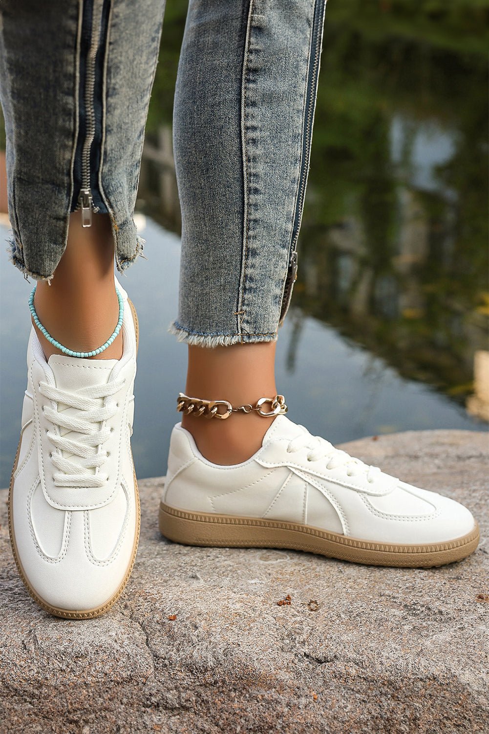 White Faux Leather Lace Up Flat Sneakers - MAD RUFFI