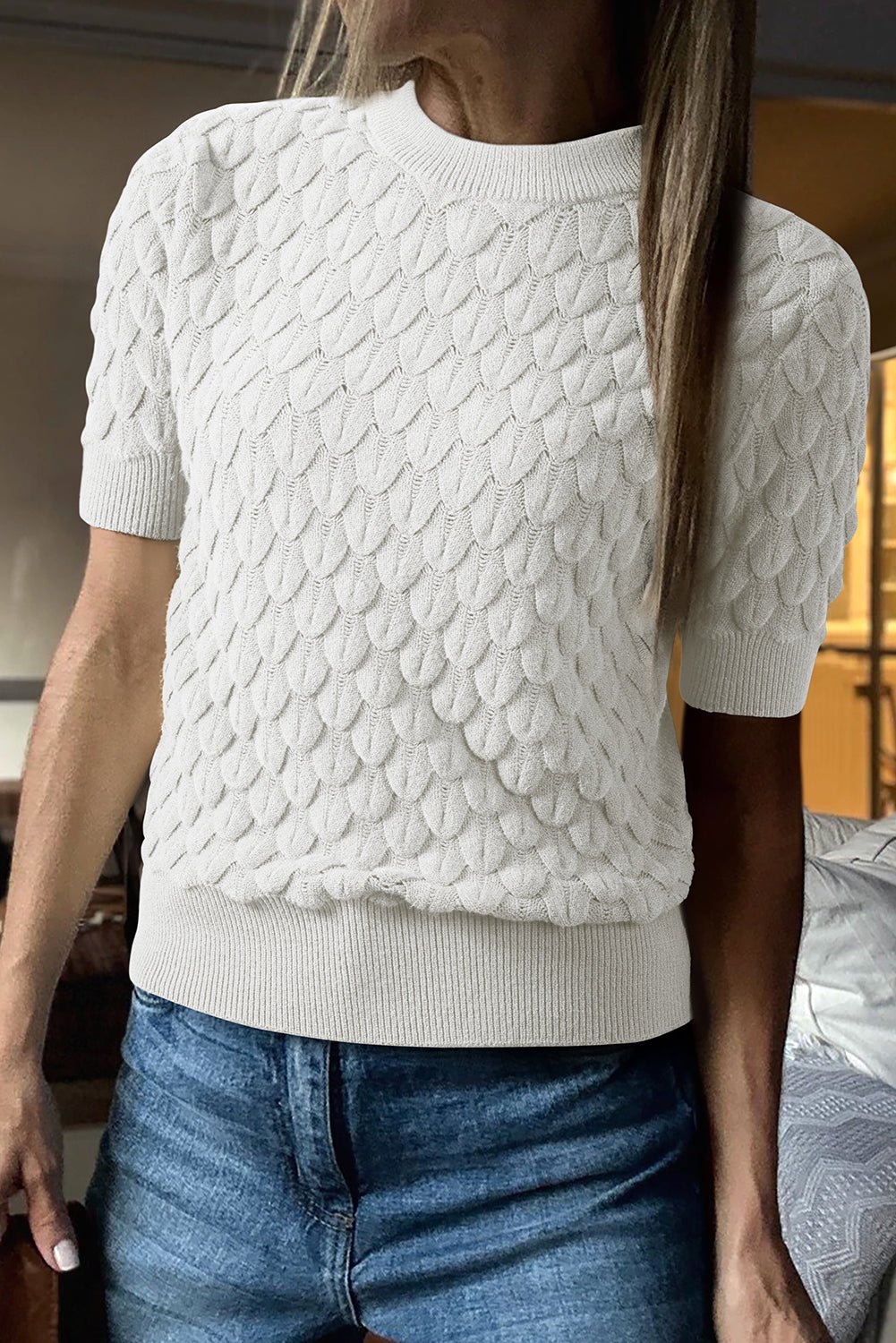 White Fish Scale Textured Knit Ribbed High Neck Short Sleeve Sweater - MAD RUFFI