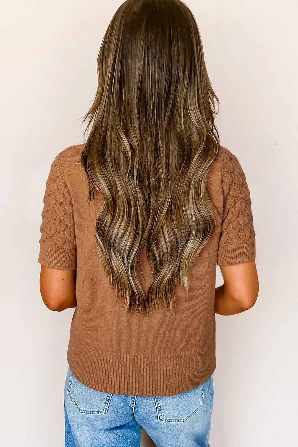 White Fish Scale Textured Knit Ribbed High Neck Short Sleeve Sweater - MAD RUFFI