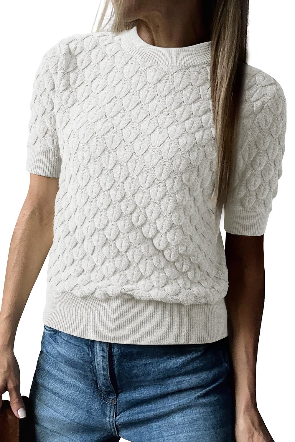 White Fish Scale Textured Knit Ribbed High Neck Short Sleeve Sweater - MAD RUFFI
