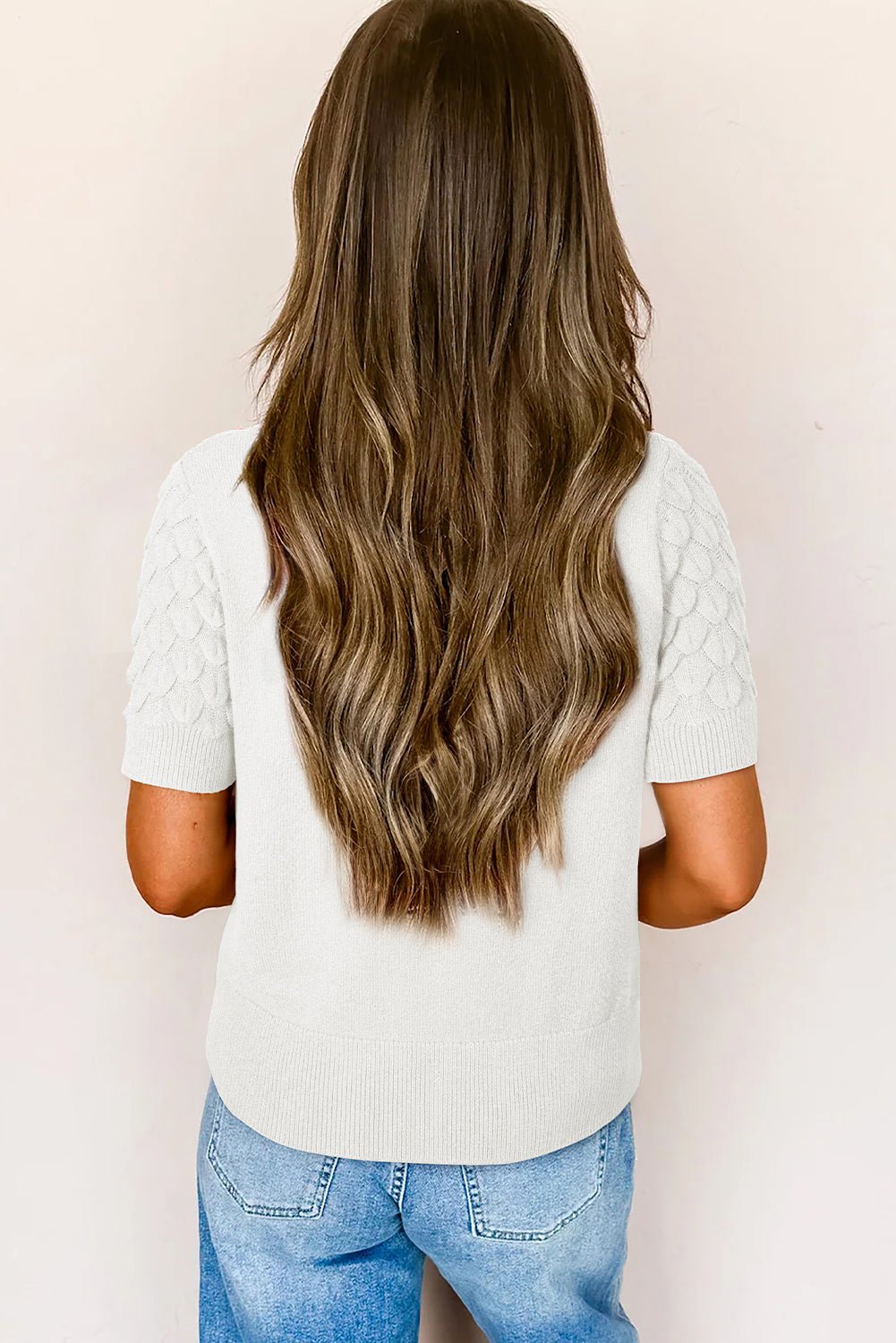 White Fish Scale Textured Knit Ribbed High Neck Short Sleeve Sweater - MAD RUFFI