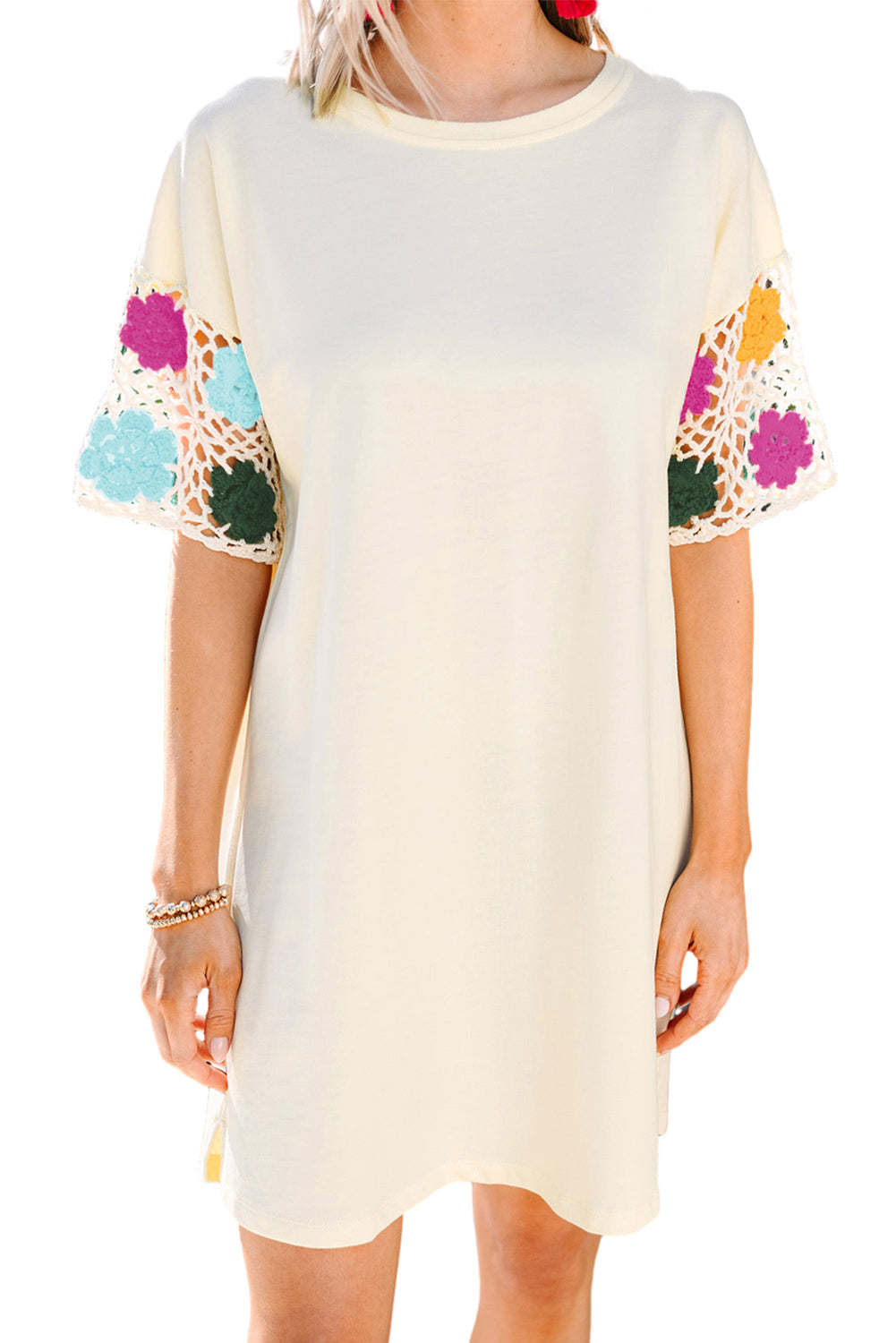 White Floral Crochet Splicing Sleeve T-shirt Dress - MAD RUFFI