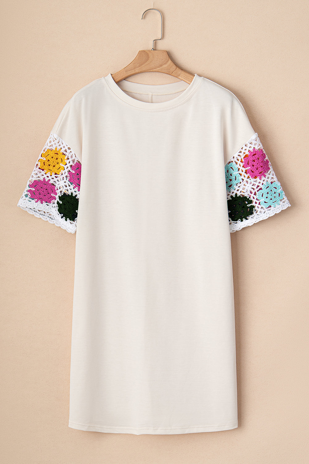 White Floral Crochet Splicing Sleeve T-shirt Dress - MAD RUFFI