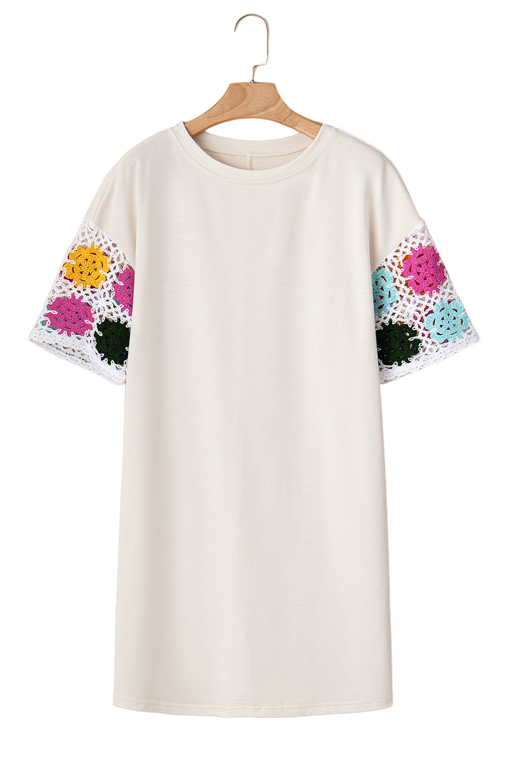 White Floral Crochet Splicing Sleeve T-shirt Dress - MAD RUFFI