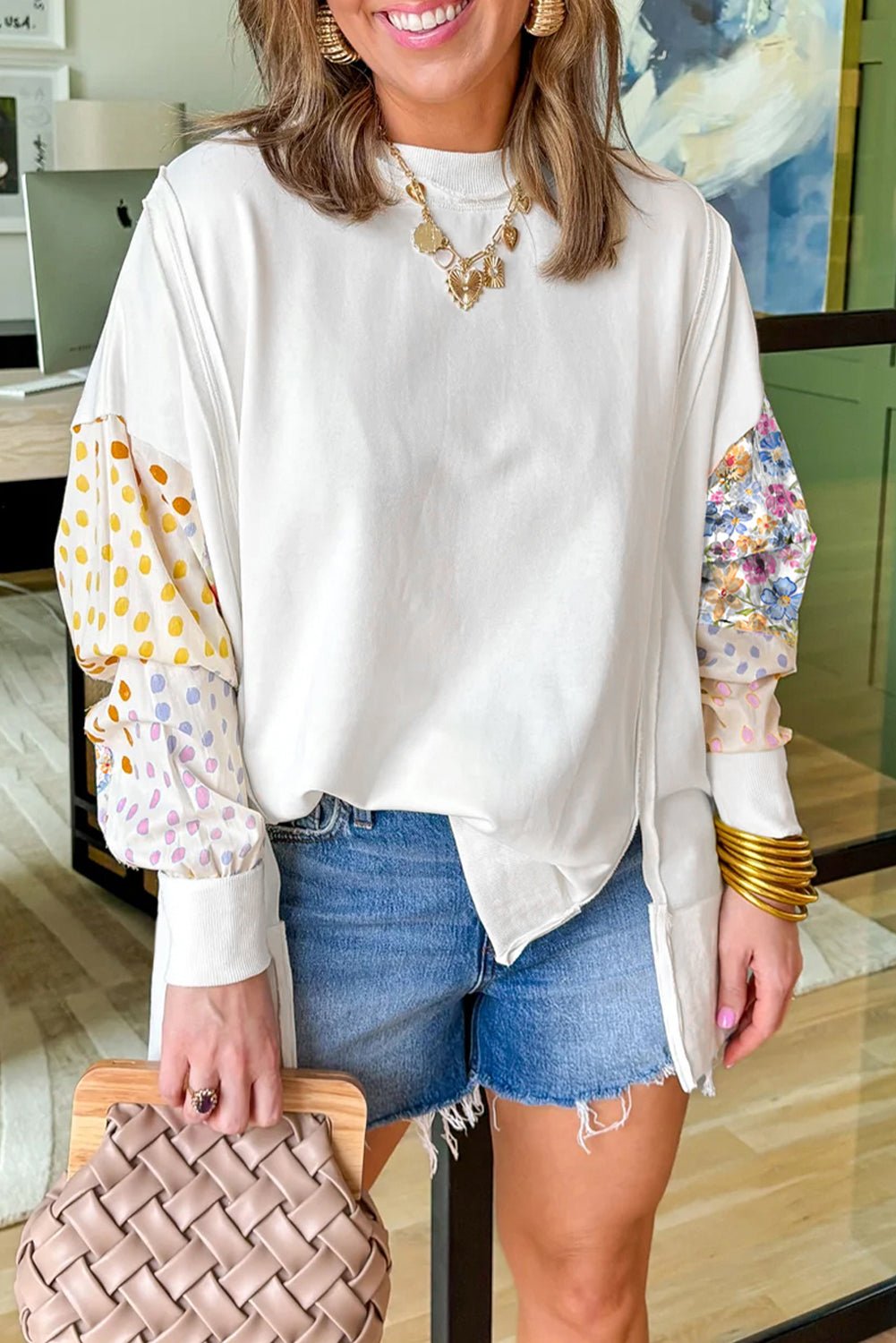 White Floral Dotted Print Patchwork Sleeve High Low Sweatshirt - MAD RUFFI