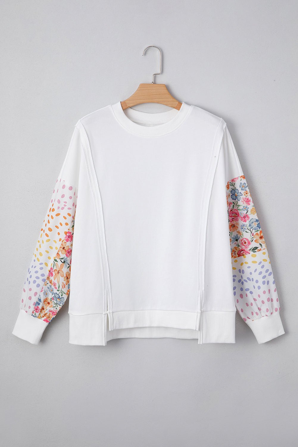 White Floral Dotted Print Patchwork Sleeve High Low Sweatshirt - MAD RUFFI