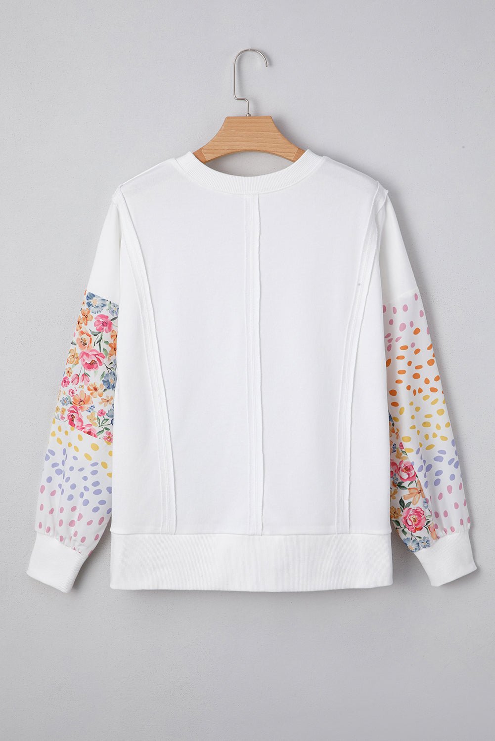 White Floral Dotted Print Patchwork Sleeve High Low Sweatshirt - MAD RUFFI