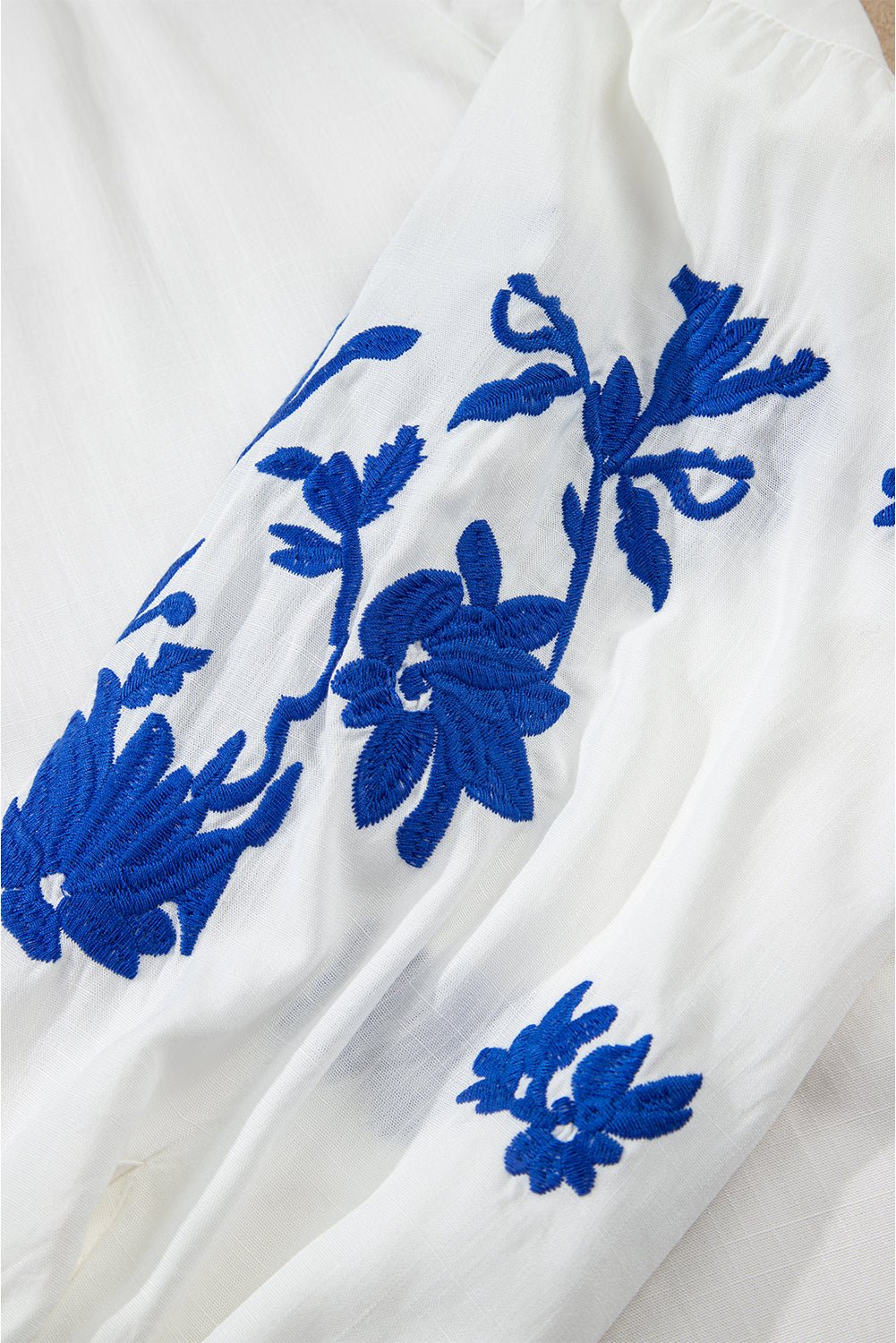 White Floral Embroidered Drawstring V Neck Blouse - MAD RUFFI