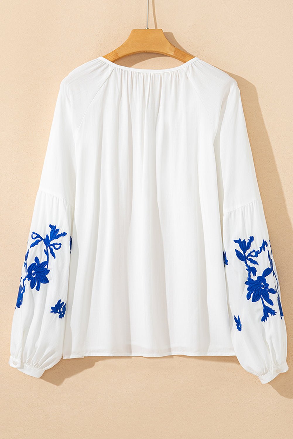 White Floral Embroidered Drawstring V Neck Blouse - MAD RUFFI