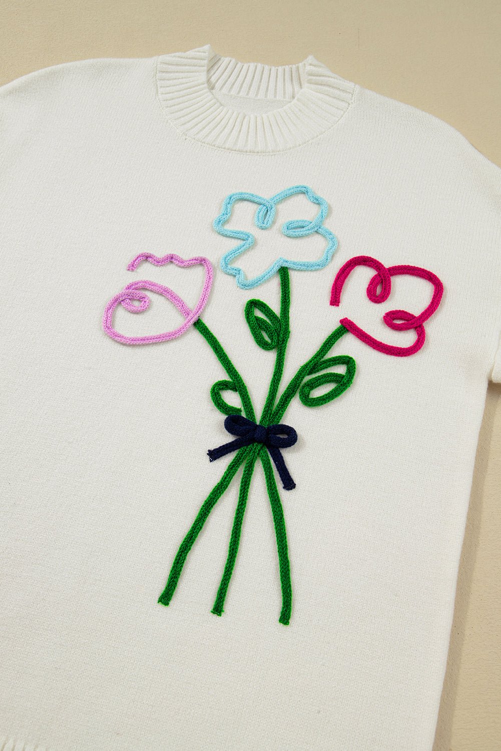 White Floral Embroidered Drop Sleeve Knit Sweater - MAD RUFFI