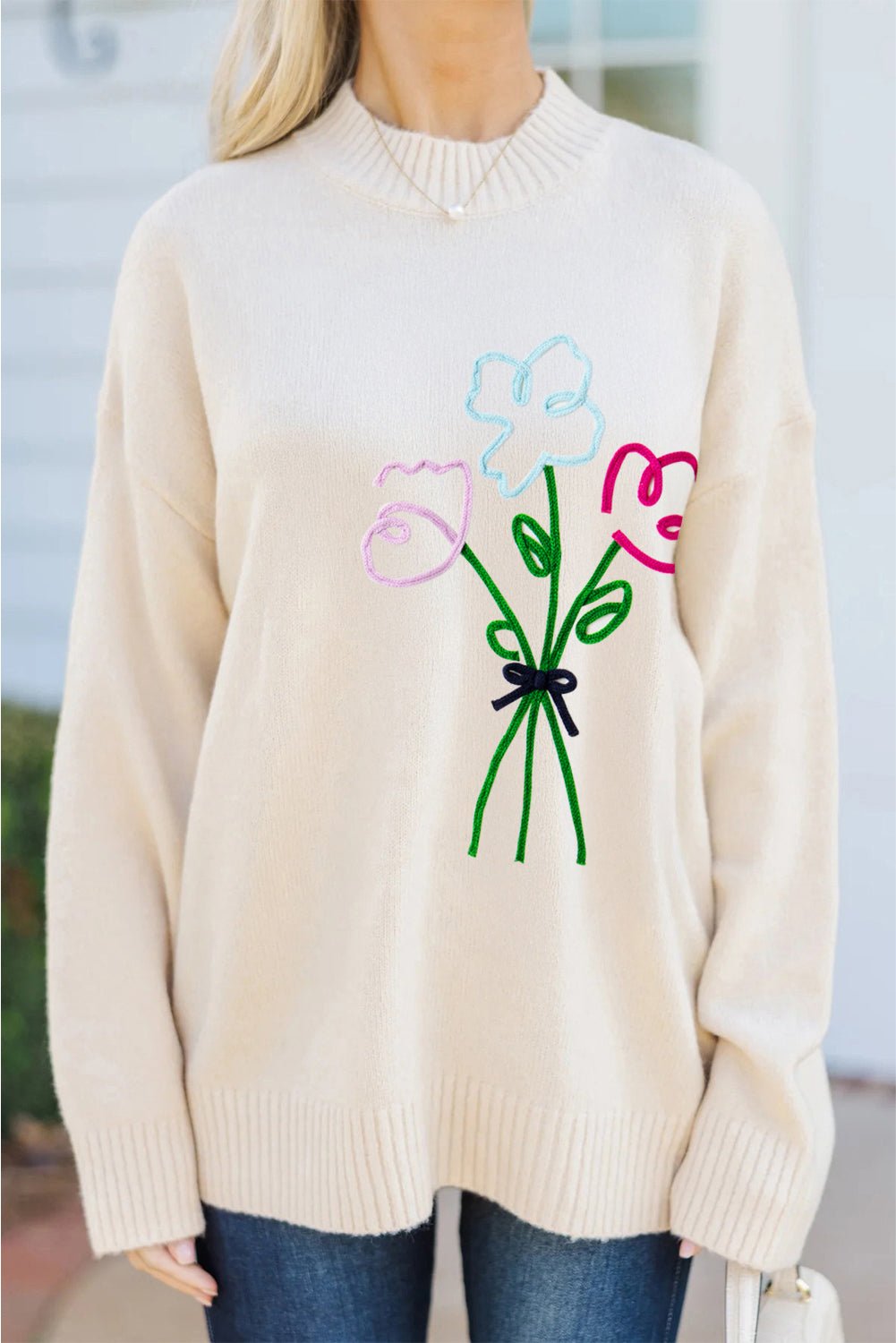 White Floral Embroidered Drop Sleeve Knit Sweater - MAD RUFFI