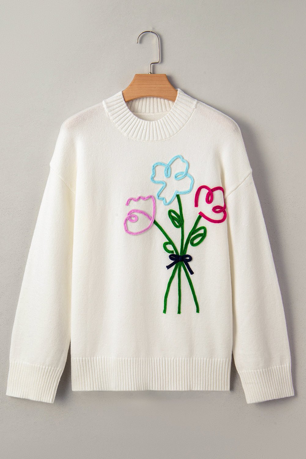 White Floral Embroidered Drop Sleeve Knit Sweater - MAD RUFFI