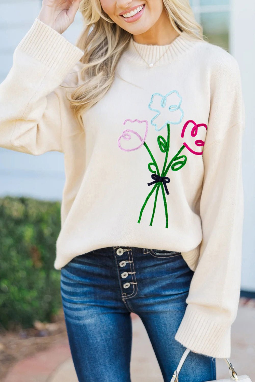 White Floral Embroidered Drop Sleeve Knit Sweater - MAD RUFFI