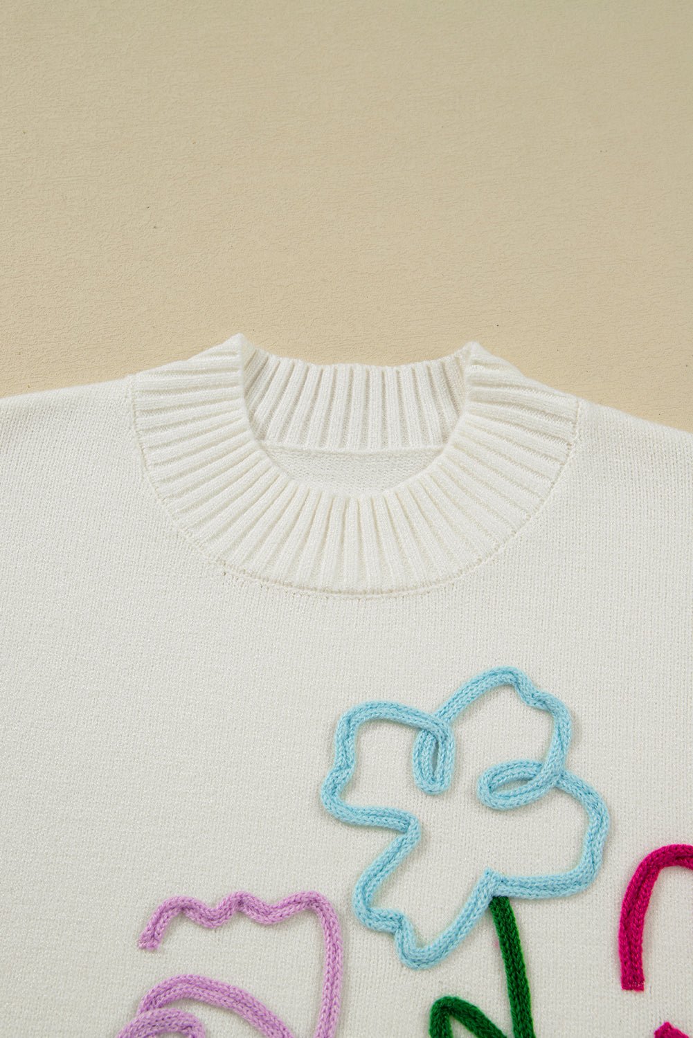 White Floral Embroidered Drop Sleeve Knit Sweater - MAD RUFFI