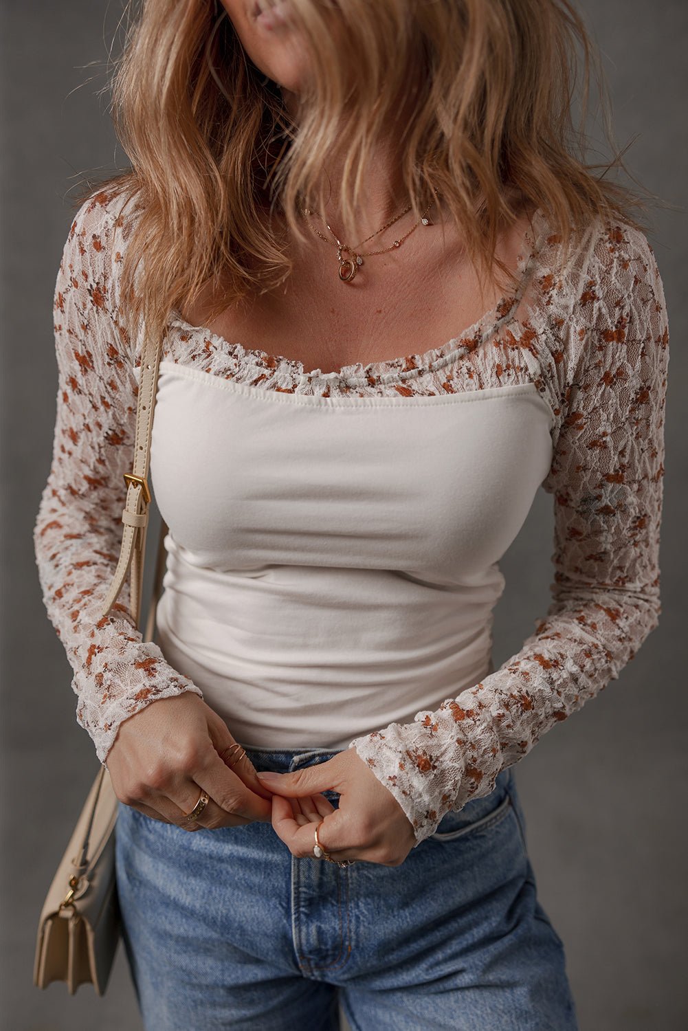 White Floral Lace Patchwork Square Neck Long Sleeve Top - MAD RUFFI