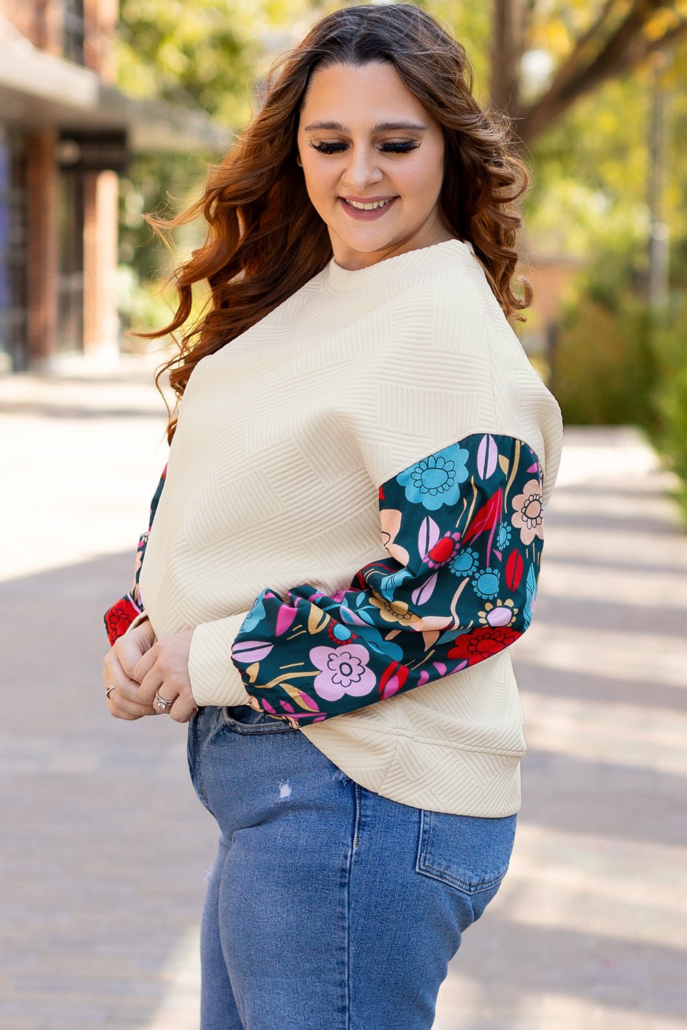 White Floral Patchwork Sleeve Textured Plus Size Pullover Top - MAD RUFFI