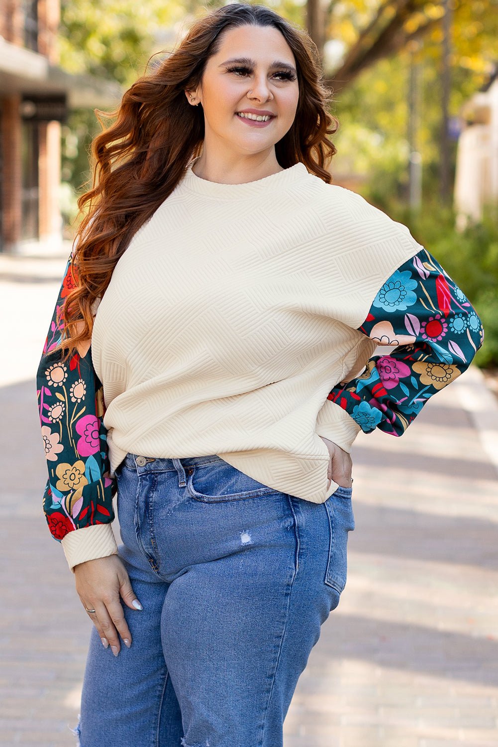 White Floral Patchwork Sleeve Textured Plus Size Pullover Top - MAD RUFFI