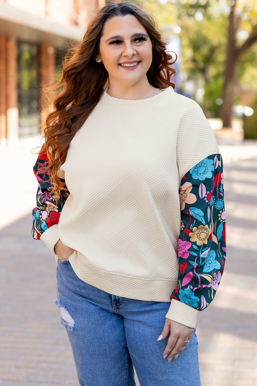 White Floral Patchwork Sleeve Textured Plus Size Pullover Top - MAD RUFFI