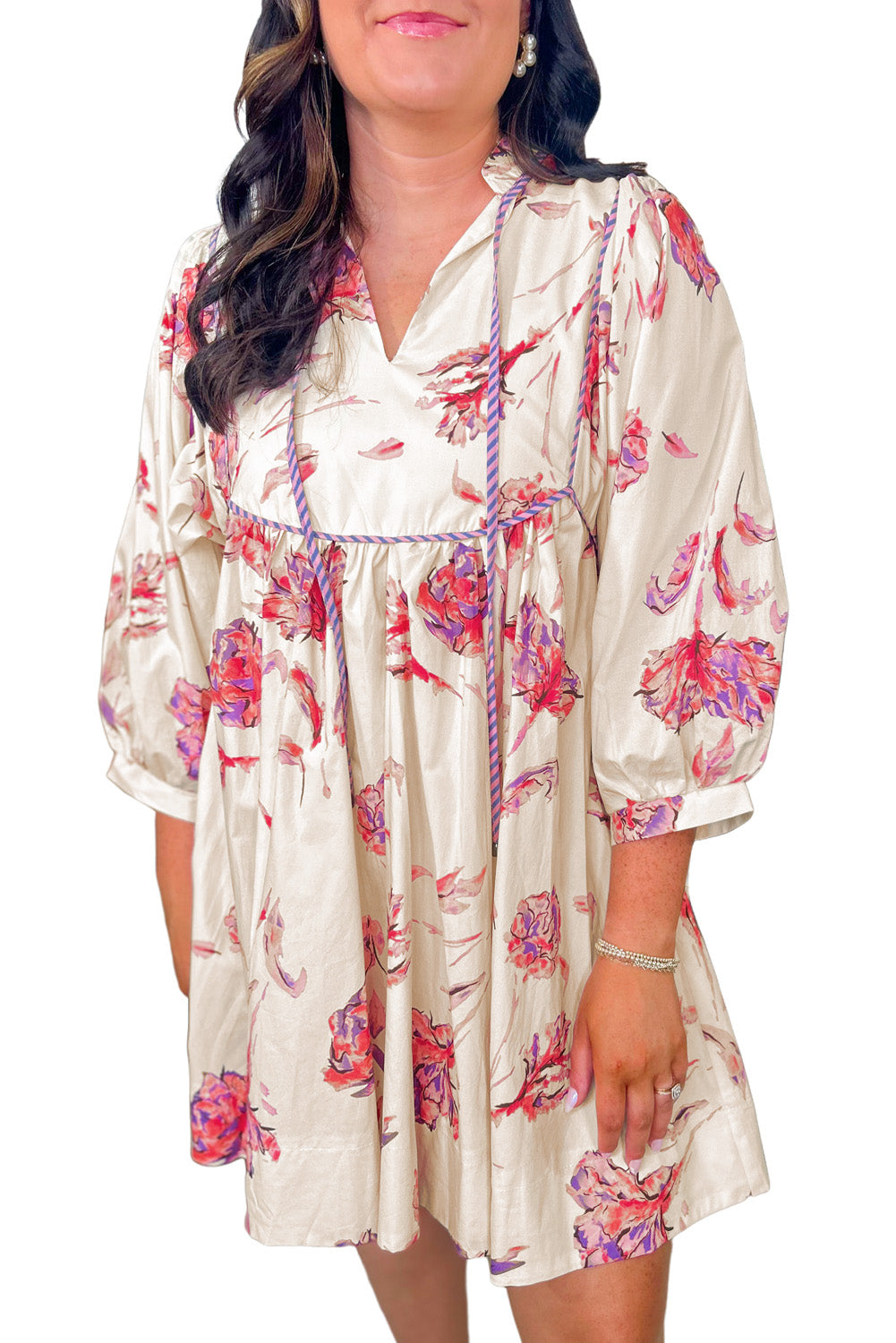 White Floral Print Balloon Sleeve Tie Neck Plus Size Mini Dress - Plus Size Dresses