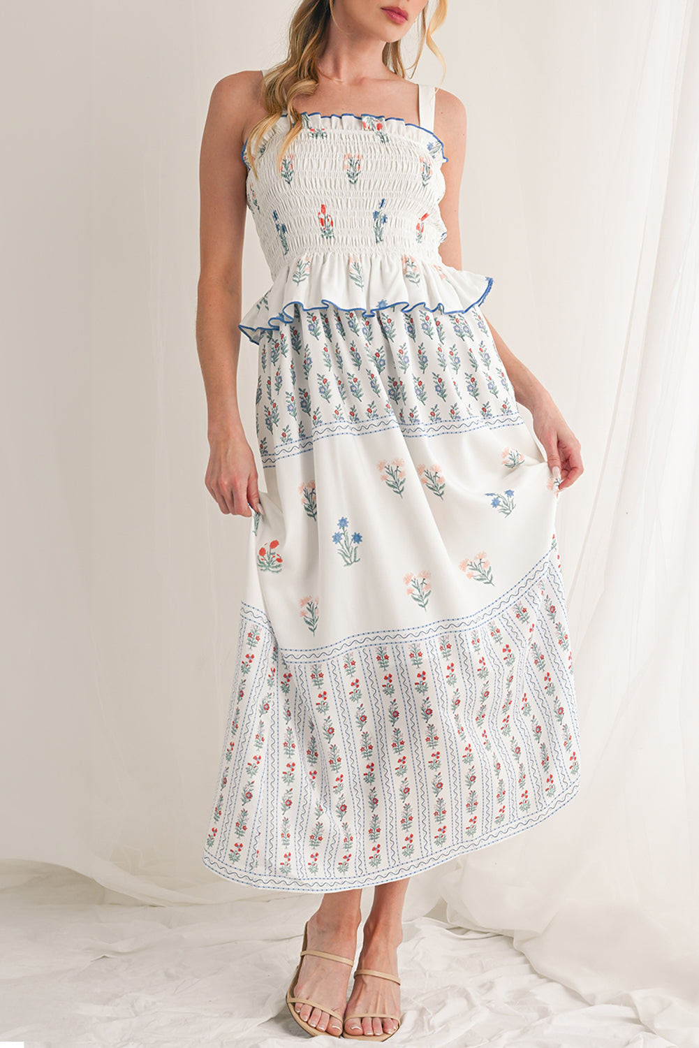 White Floral Print Frill Smocked Bodice Boho Dress - MAD RUFFI