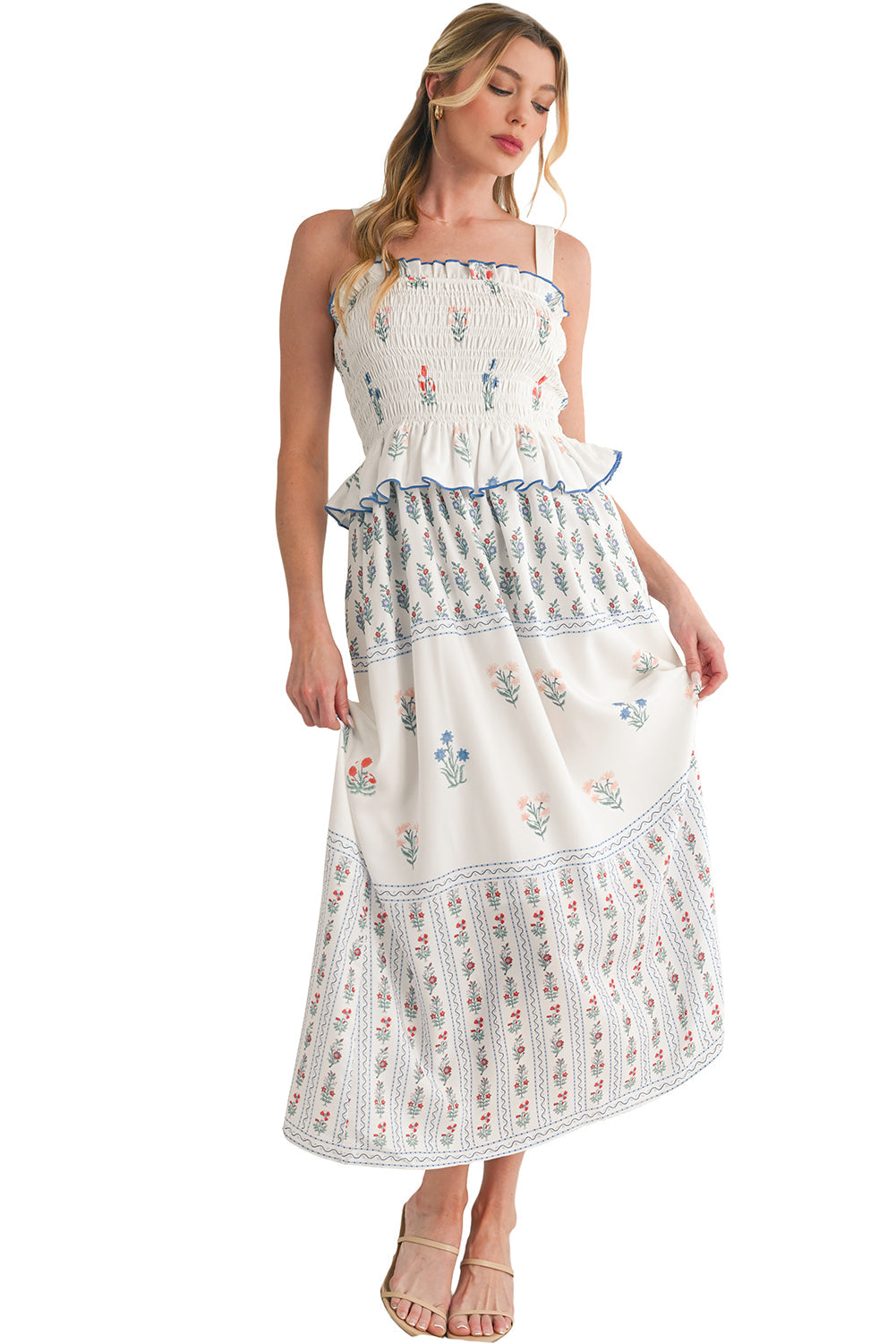 White Floral Print Frill Smocked Bodice Boho Dress - MAD RUFFI